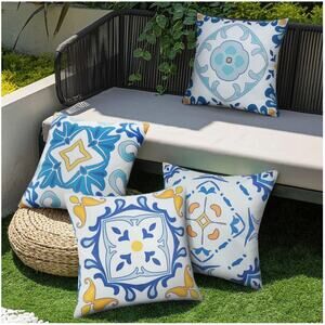 Jasen Outdoor 4 Pillow Covers Waterproof Boho  NEW Blue Floral Double 18" x 18"